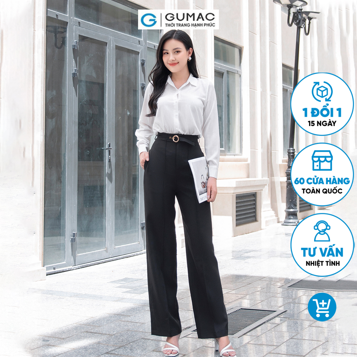 Quần nữ ống suông, lưng cao kèm dây thắt lưng nhỏ túi dọc ở 2 bên GUMAC QD09021