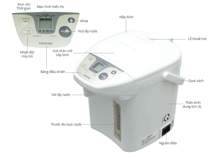 Bình thủy điện Toshiba PLK-30FL(WT)VN 3.0 lít - HÀNG CHÍNH HÃNG