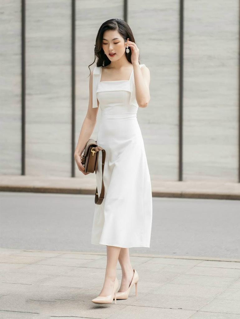 ĐẦM MIDI 2 DÂY BẢNG NƠ VAI 12823