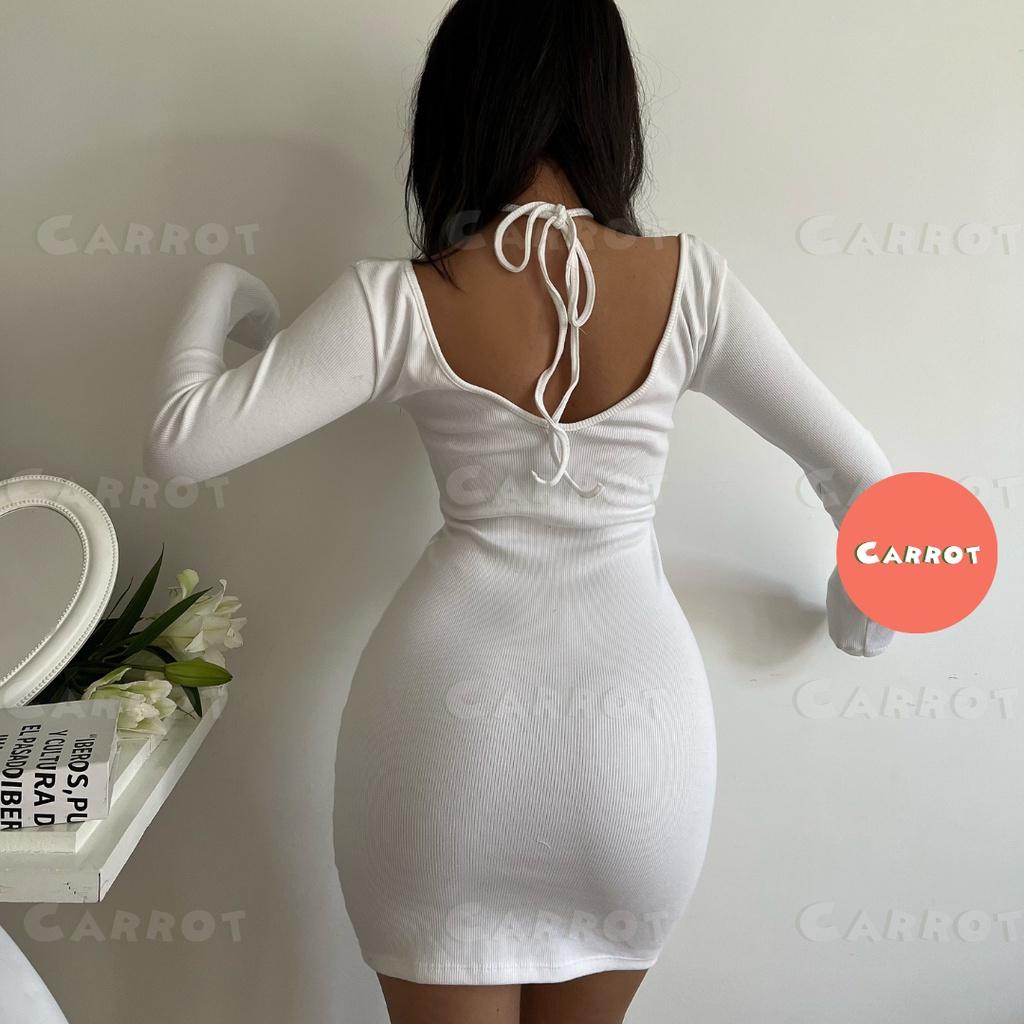 Đầm body sexy hở lưng hở eo váy ôm cổ yếm hở vai cột dây quyến rũ sang chảnh màu trắng thun gân carrotxinhdep trắng, đen