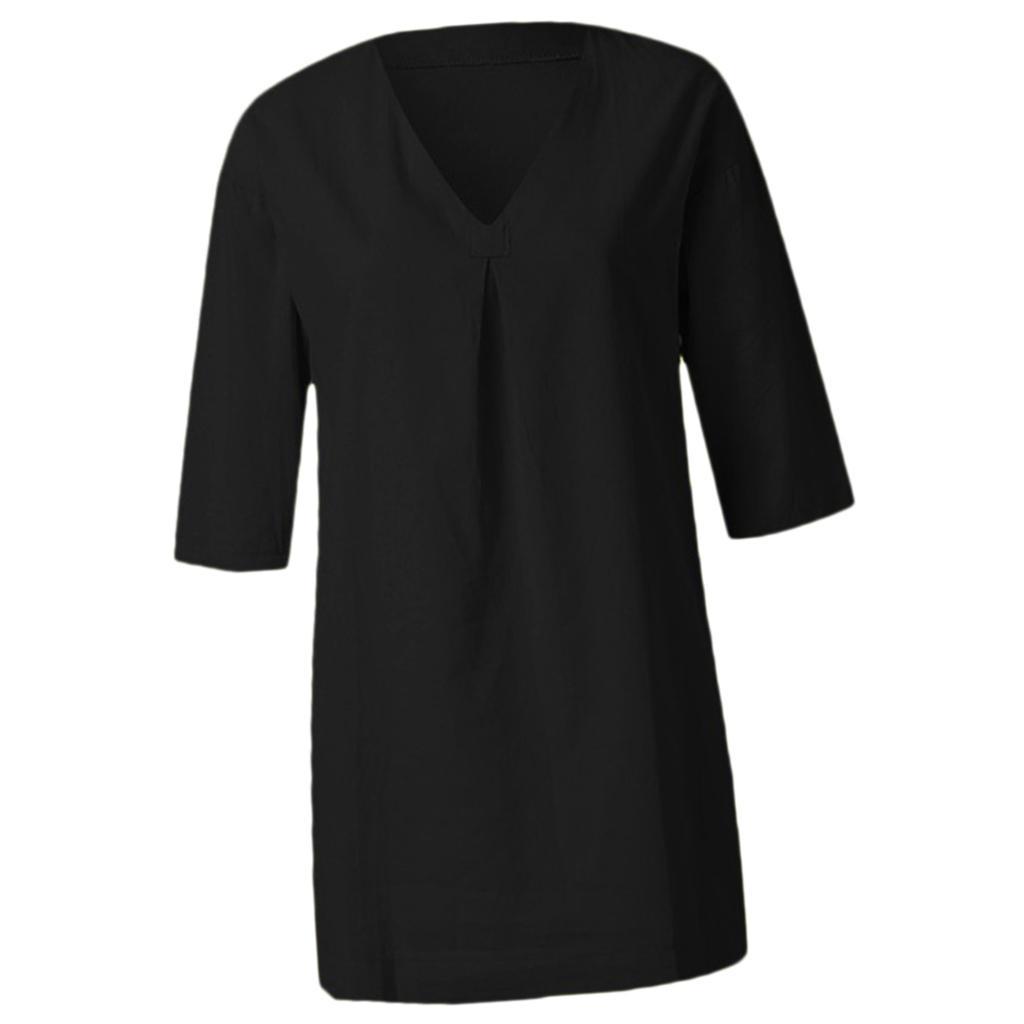 Blouse Loose Casual Neck V Shirt 3/4 Sleeves Top in Breathable Cotton Beach Cover Up Dress Beach