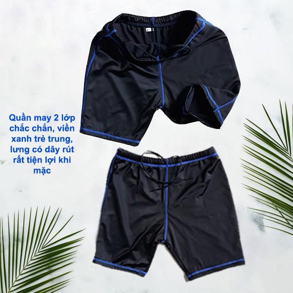 Quần bơi cao cấp may 2 lớp chắc chắn chất thun đẹp viền xanh trẻ trung lưng có dây rút rất tiện lợi khi mặc