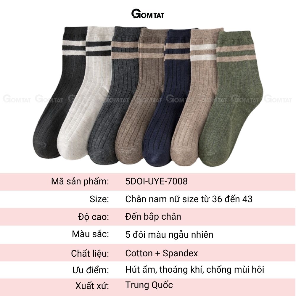 Set 5 đôi tất cao cổ nam nữ GOMTAT mẫu sọc ngang, chất liệu cotton nhiều màu sắc - 5DOI-UYE-7008