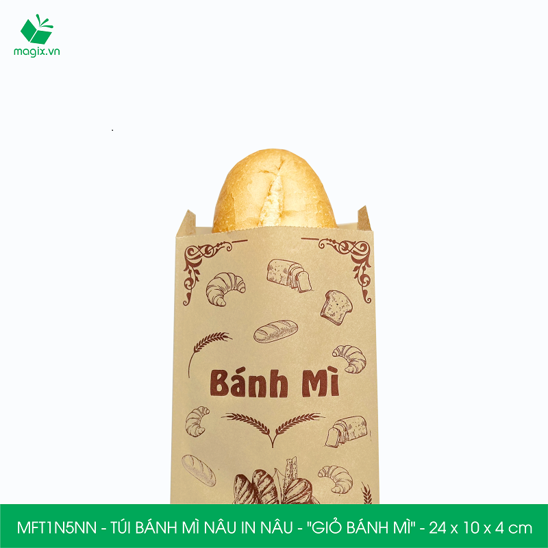 MFT1N5NN - 24x10x4 cm - 500 Túi bánh mì Nâu, in sẵn họa tiết GIỎ BÁNH MÌ - Bao bánh mì Túi giấy thực phẩm an toàn