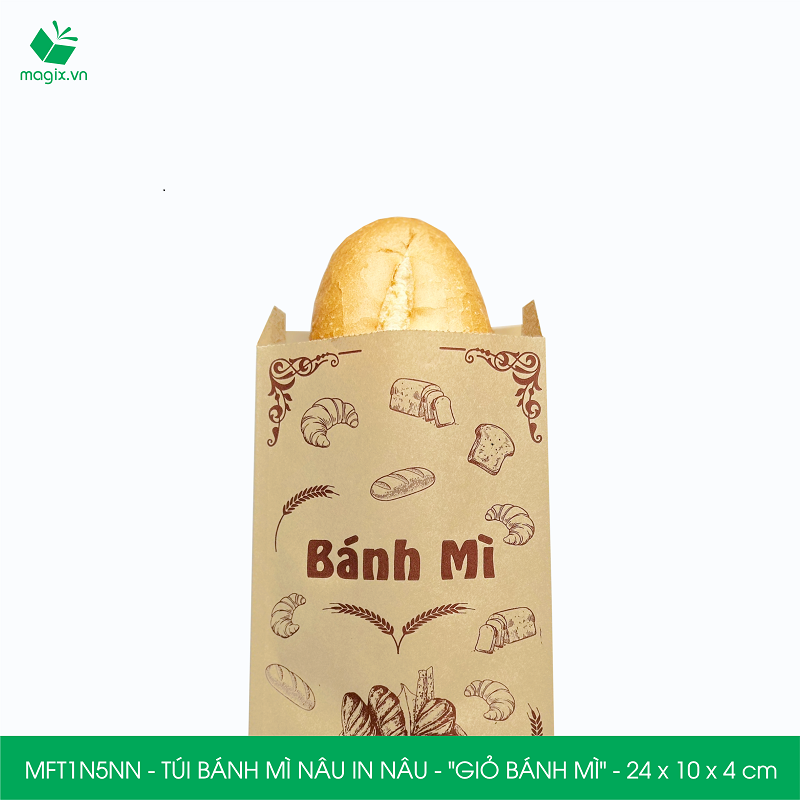 MFT1N5NN - 24x10x4 cm - 1000 Túi bánh mì Nâu, in sẵn họa tiết GIỎ BÁNH MÌ - Bao bánh mì Túi giấy thực phẩm an toàn
