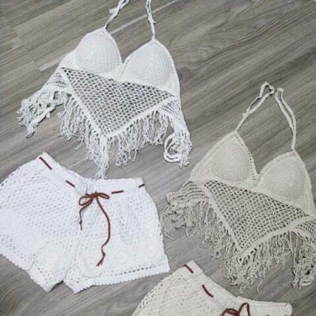 07-Set bikini ren đi biển 2 món áo bra- quần sóc
