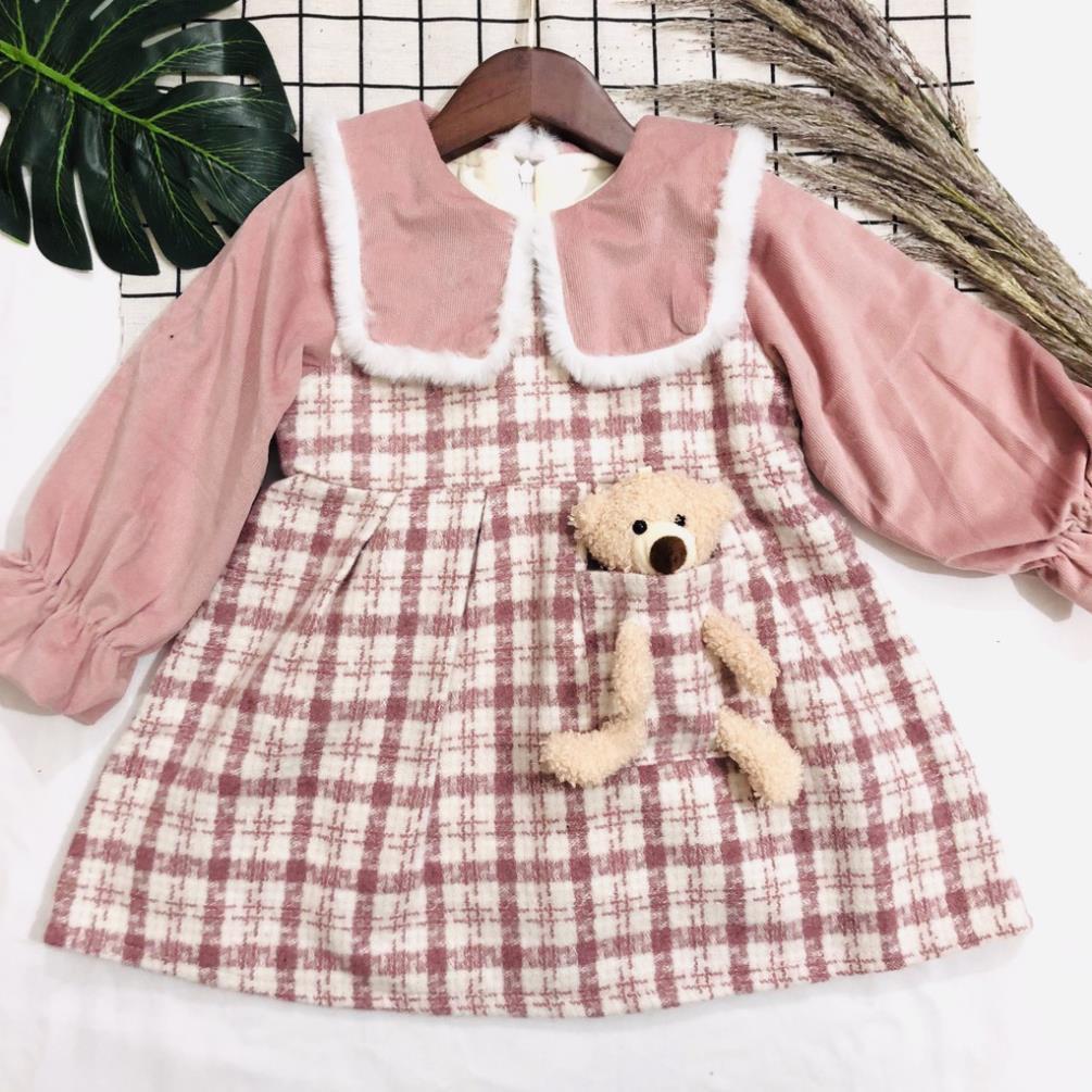 Váy Xinh, Đầm Xinh Chú Gấu Lót Lông Cho Bé Gái Diện Tết