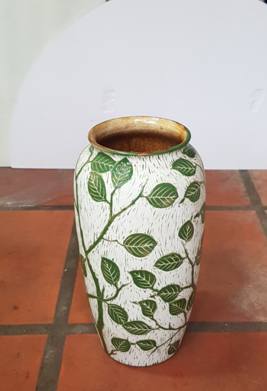 Bình hoa dạng ống tròn, họa tiết cây lá xanh men nhám thô, cao 28cm, trang trí nhà cửa, quà tặng tân gia, sinh nhật, gốm Bát Tràng. Giao từ HCM