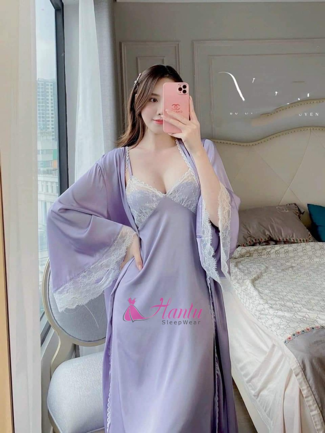 Hantu Sleepwear -Set áo choàng kèm váy ngủ lụa dáng dài qua gối mặc nhà sang trọng -Màu xám lông chuột