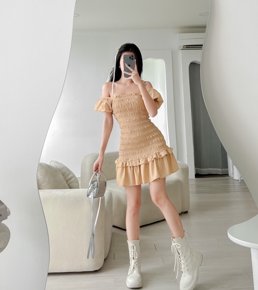 ĐẦM ỐNG NGẮN ÔM BODY TRỄ VAI CỔ U HẠ EO NHÚN THUN VÁY XẾP LY XÒE TRƠN ĐI TIỆC ĐI BIỂN ĐI CHƠI DẠO PHỐ