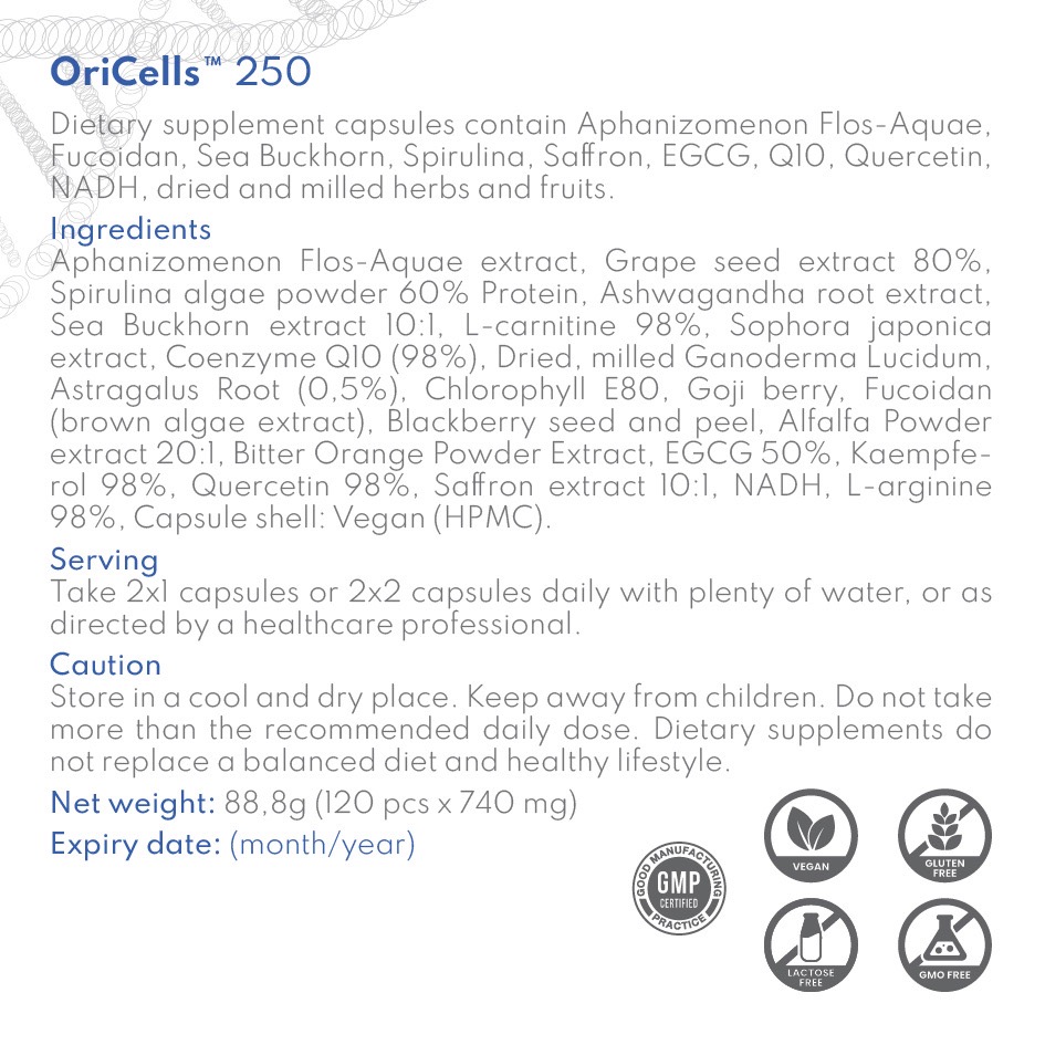 Thực phẩm BVSK OPFE OriCells 250 capsules (60 viên), Hungary (Hỗ trợ làm chậm quá trình lão hoá)