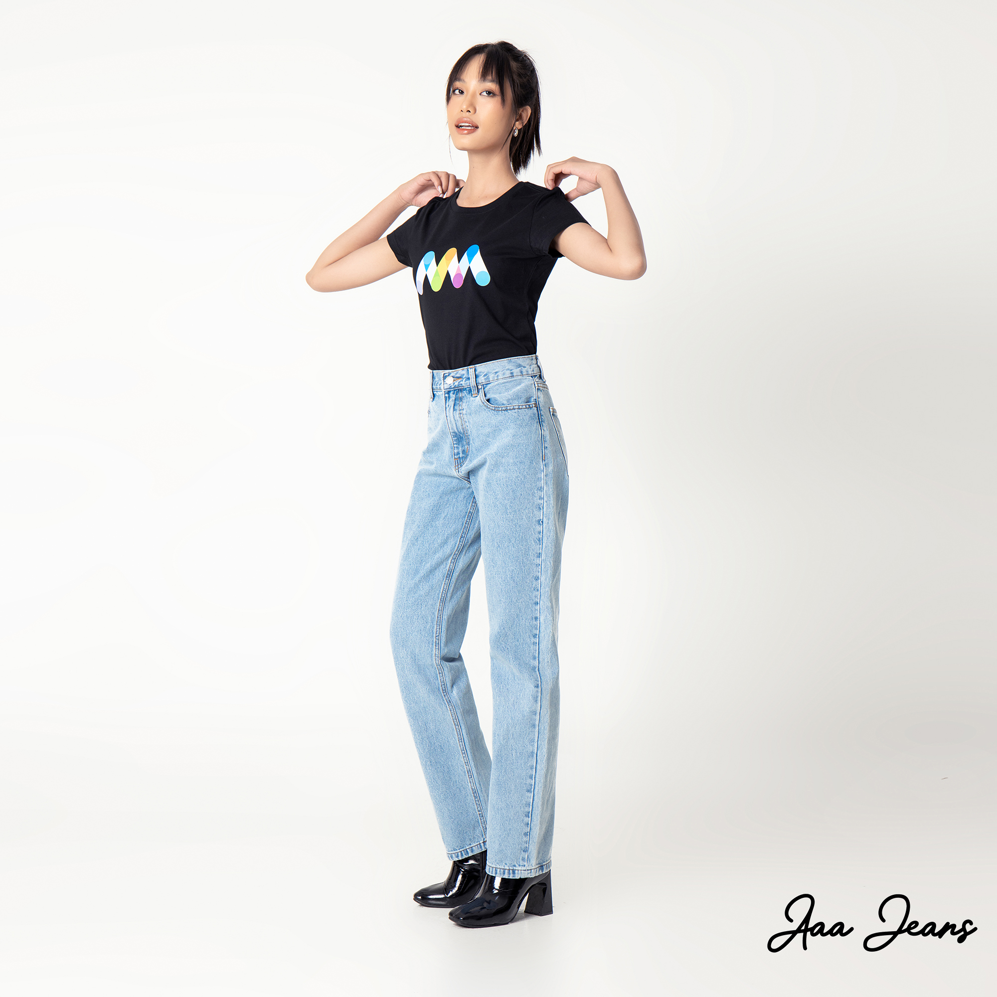 Quần jeans ống đứng slim fit lưng cao Aaa Jeans Light Blue