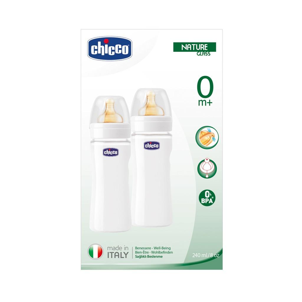 Bộ 2 bình sữa thủy tinh tự nhiên núm cao su 150ml/ 240ml Chicco