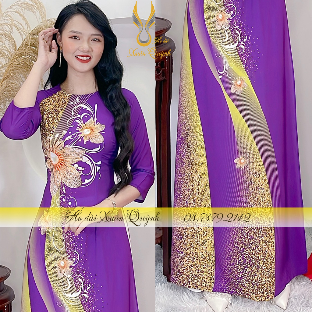 Áo Dài Hoa Kim Cương Phối Dải Chấm Bi Sang Trọng, Lụa Habutai Cao Cấp K97 Tím Huế