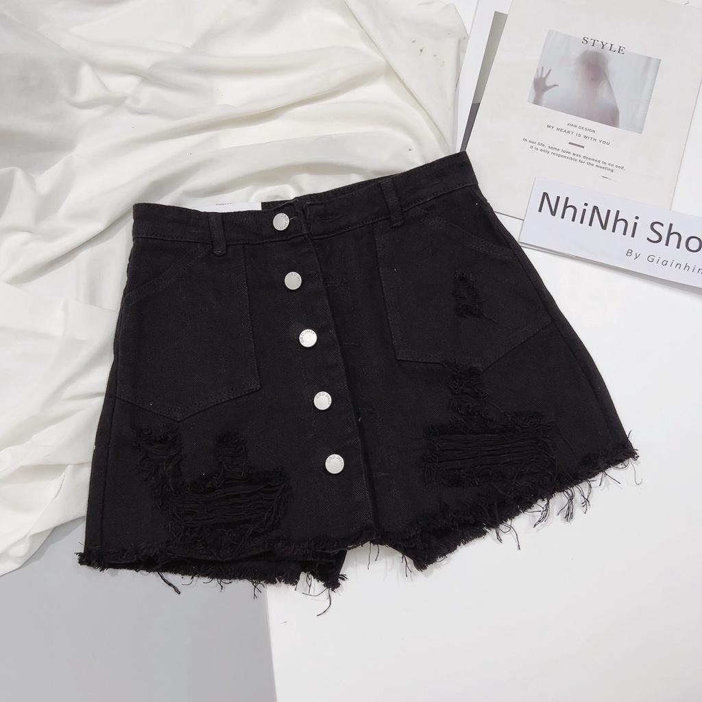 Quần giả váy bò rách khuy túi to, Quần váy jean cạp cao co giãn QS3011 - NhiNhi Shop