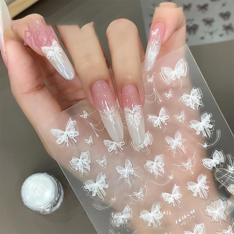 Sticker 5D Ren Nơ Đính Ngọc Hình Cánh Bướm CA6896 Nơ Ren Nổi Đính Đá Trắng Tinh Khôi