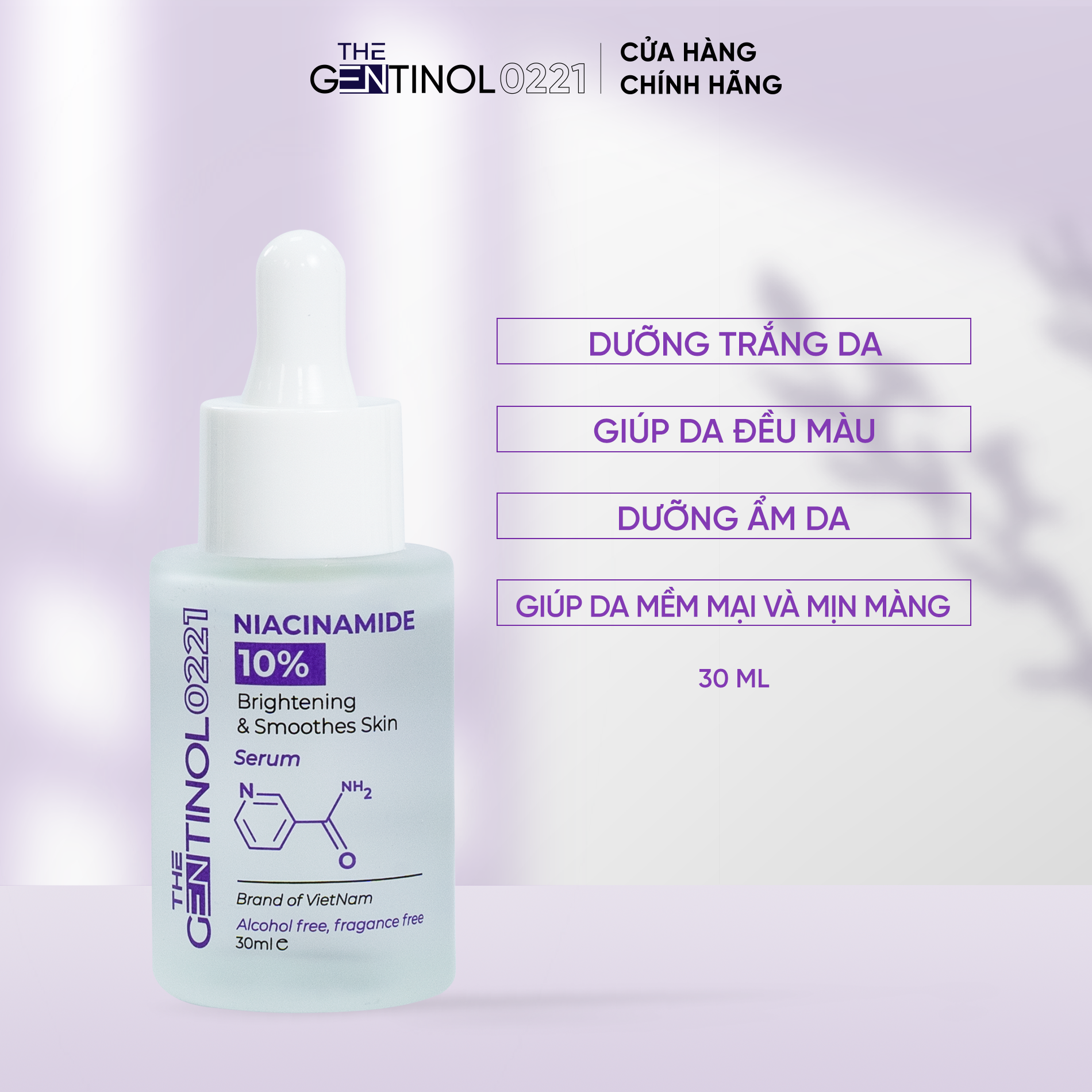 Serum trắng hồng da Niacinamide kiểm soát dầu, mụn, dưỡng trắng, giảm nếp nhăn, trẻ hóa làn da The Gentinol 0221 30ml