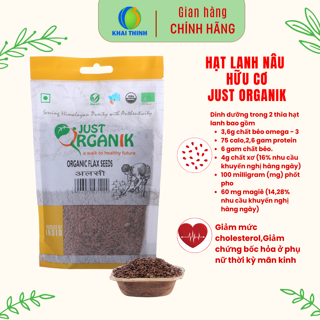 Hạt Lanh Nâu Hữu Cơ Just Organik Organic Flax Seeds Không Biến Đổi Gen Nhập Khẩu Ấn Độ Người Ăn Kiêng 200gr