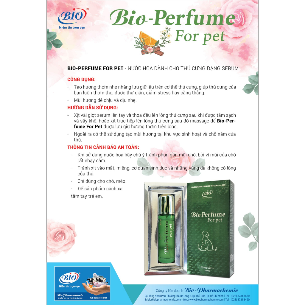 Nước hoa dành cho thú cưng Bio Perfume Chai 100ml Dạng serum Hương thơm nhẹ nhàng, lưu giữ hương lâu, giảm stress