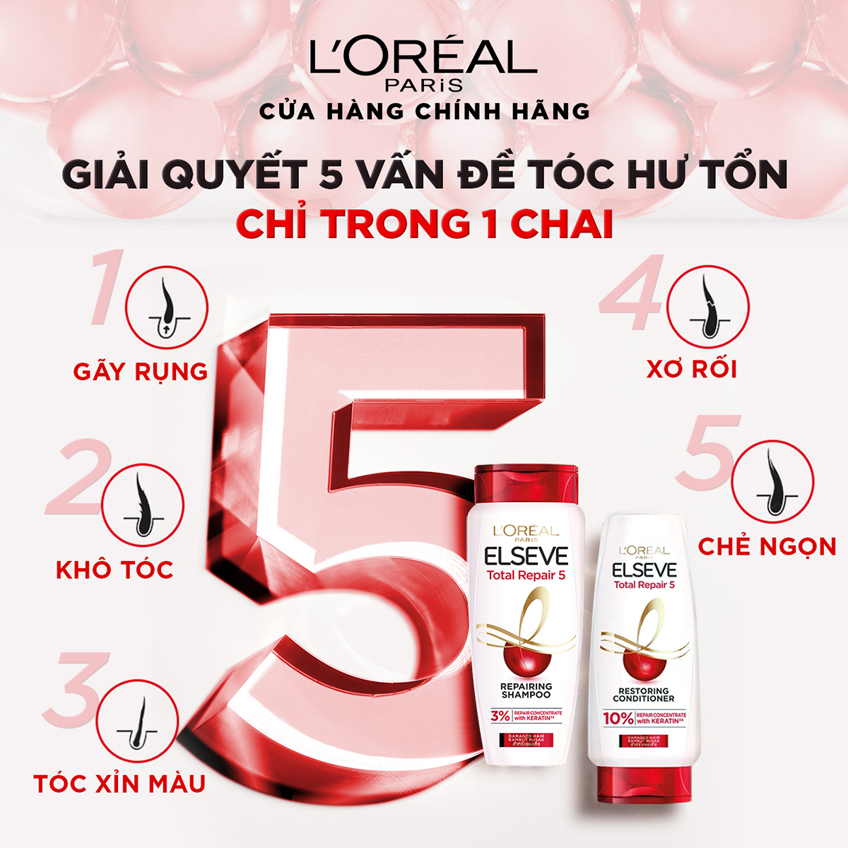 Dầu gội giúp phục hồi tóc hư tổn L'Oréal Paris Elseve Total Repair 5 Filler Repairing Shampoo 280ml