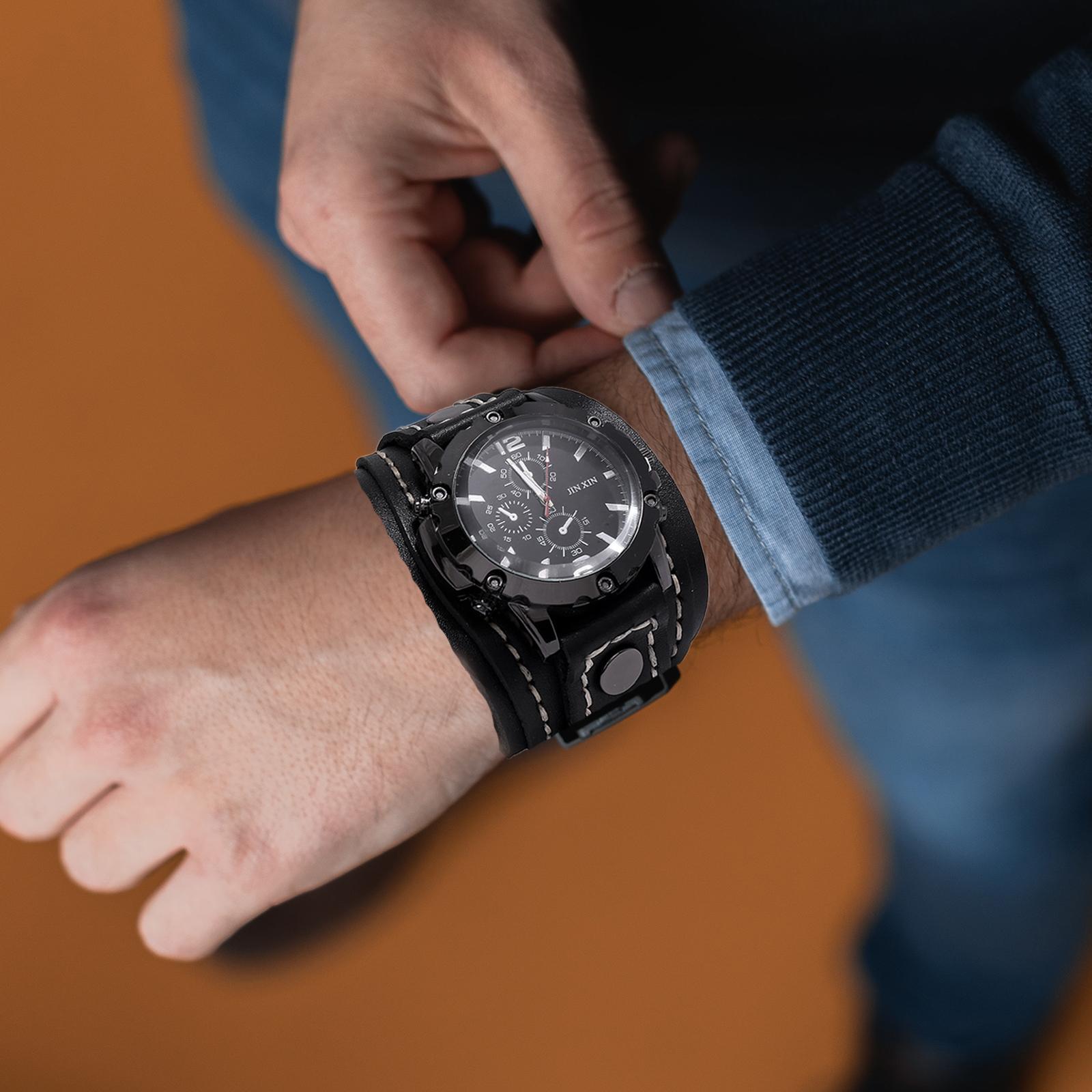 Yotijar Men Wrist Male Watch Bangles Comfortable Wide Leather Strap for