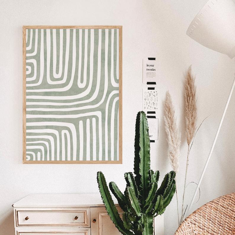 Tranh treo tường | Tranh trừu tượng - Sage green geometry line art print, abstract boho print