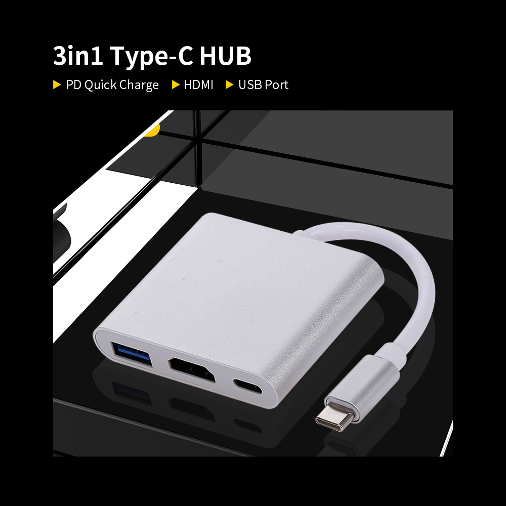 Bộ Chuyển Đổi 3 Trong 1 Loại C Sang USB 3.0 + HDMI + Bộ Chuyển Đổi Bộ Chia Pd Hub Đa Chức Năng Loại C, Màu Bạc