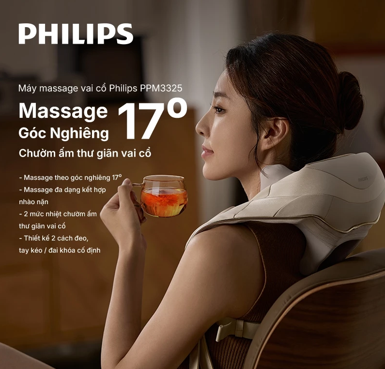 Máy Massage Cổ Vai Gáy Philips PPM3325 - Massage góc nghiêng 17⁰ - Chườm ấm thư giãn vai cổ - Hàng chính hãng