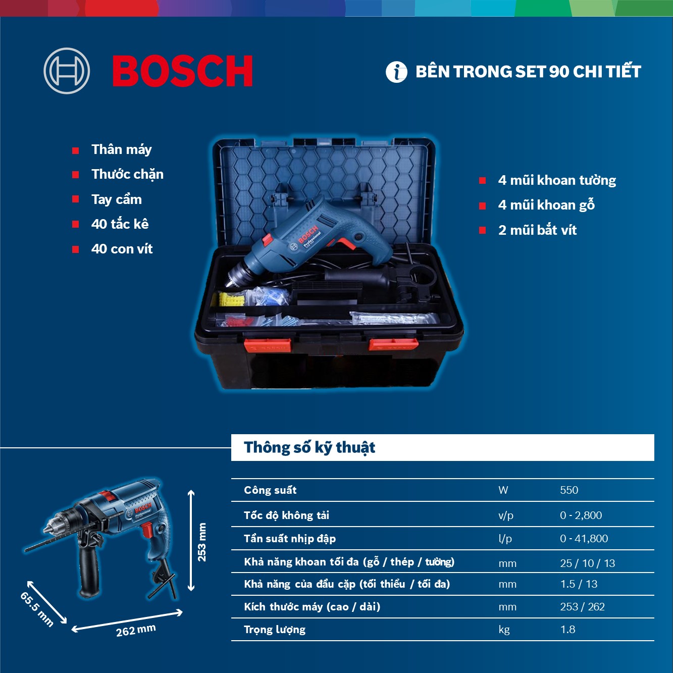 [Coupon 30K đơn 459K] Máy khoan động lực Bosch GSB 550 550W - Tặng bộ phụ kiện FREEDOM 90 chi tiết