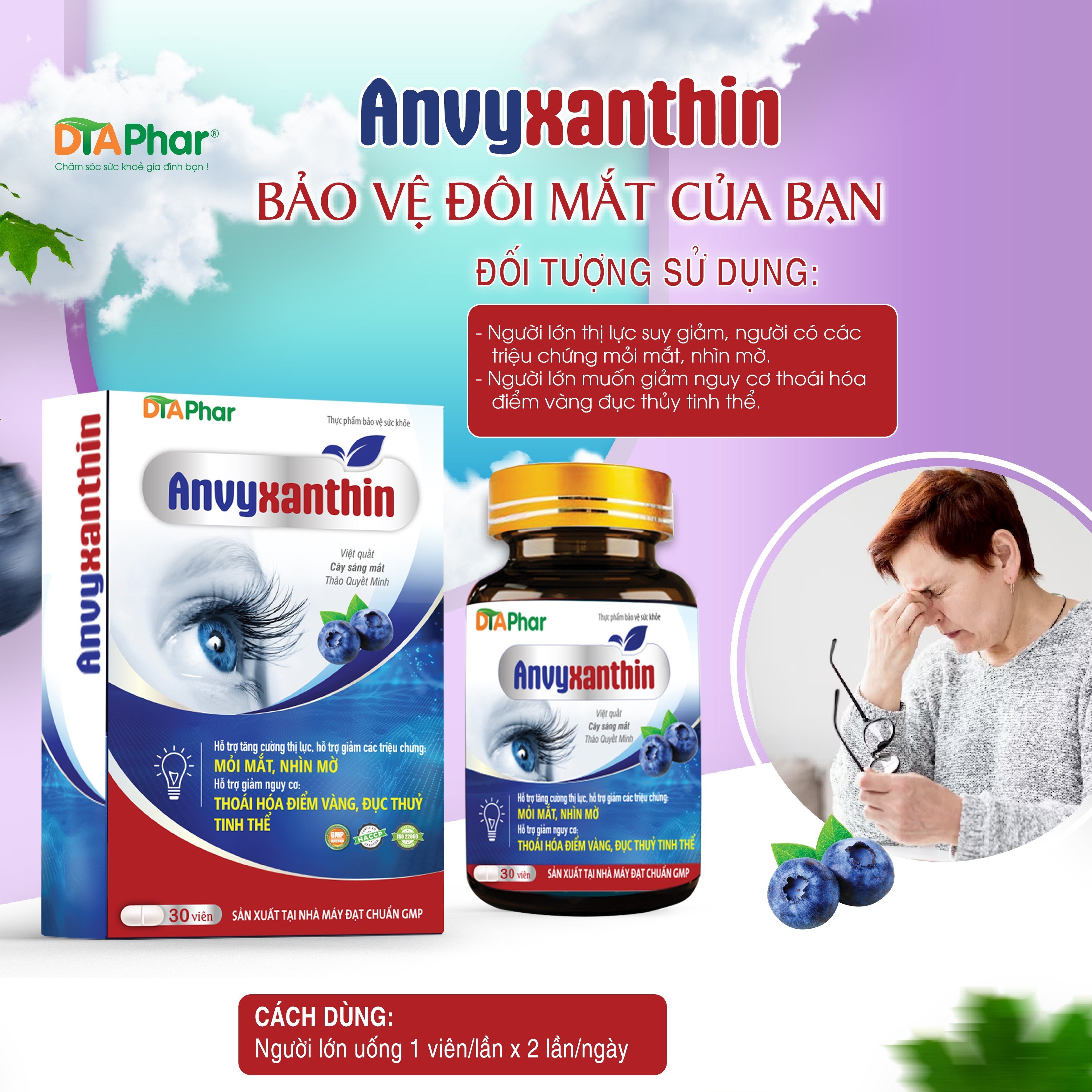 ANVYXANTHIN HỖ TRỢ BẢO VỆ ĐÔI MẮT TĂNG CƯỜNG THỊ LỰC GIẢM KHÔ MẮT, MỎI MẮT, MỜ MẮT, GIẢM NGUY CƠ THOÁI HOÁ ĐIỂM VÀNG HỘP 30V - TÂM AN PHARMA