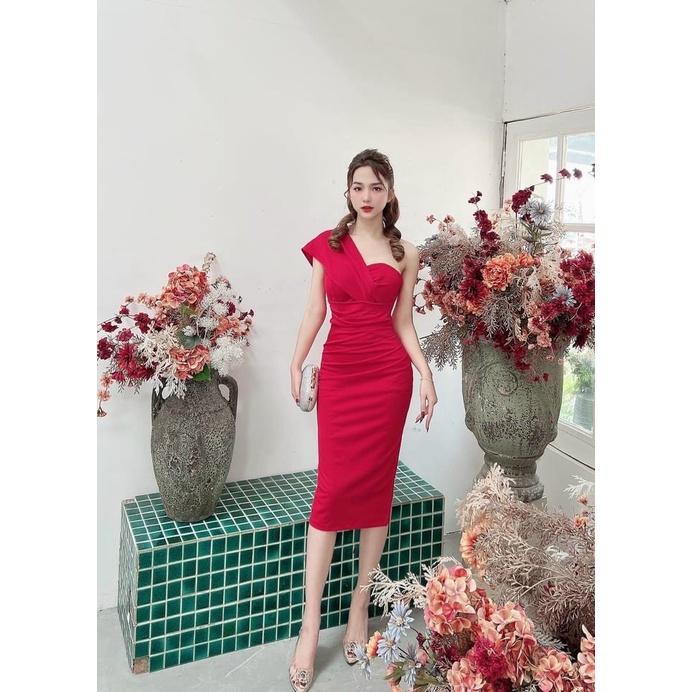 Đầm body nữ lệch vai xếp ly eo sang chảnh với 4 màu sắc thích hợp cho nàng dạ tiệc