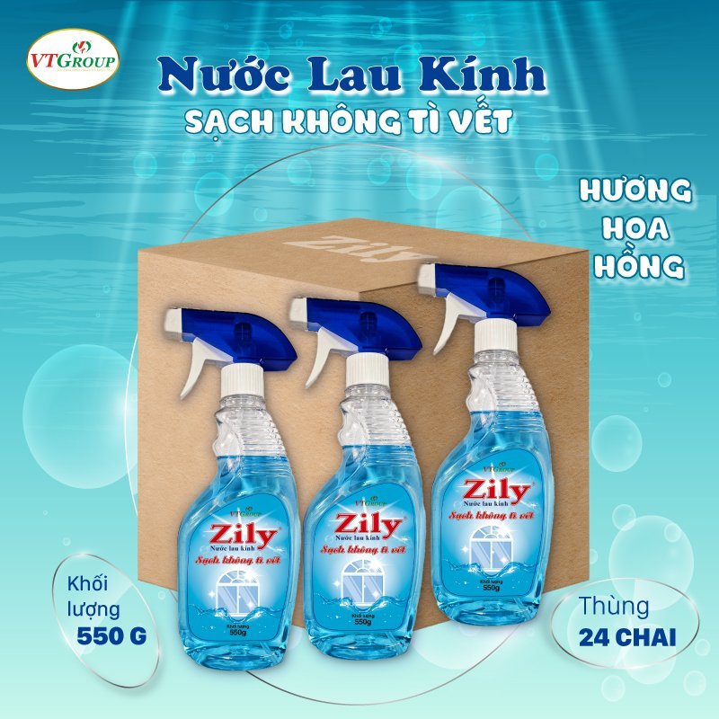 Lau kính Zily - Sạch không tì vết - hương hoa hồng - 24 chai/thùng