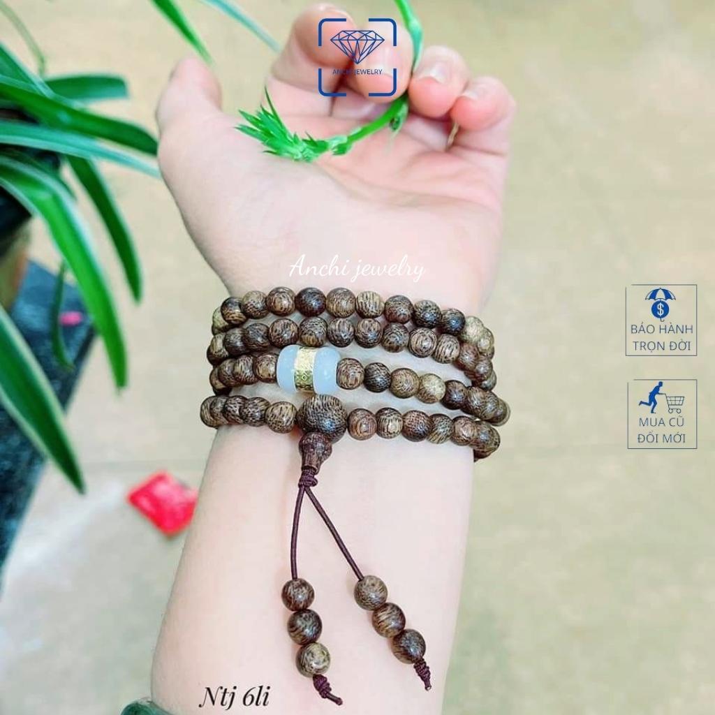 Vòng tay trầm hương nữ 108 hạt 6li mix lu thống dát vàng phong thủy, Anchi jewelry