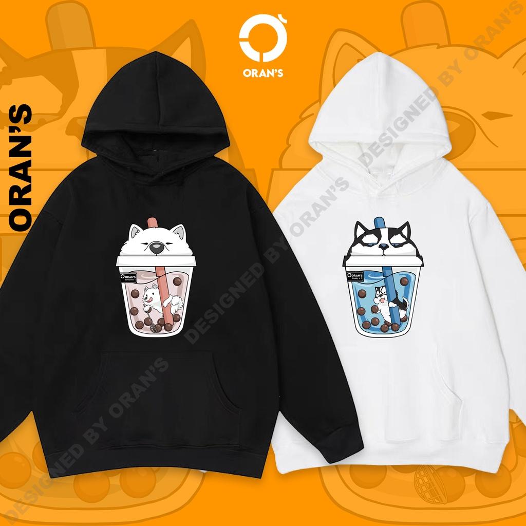 Áo Hoodie đôi in hình trà sữa 4 màu chất nỉ cotton lót bông cao cấp form rộng unisex - ORAN'S HOODIE COUPLE 08