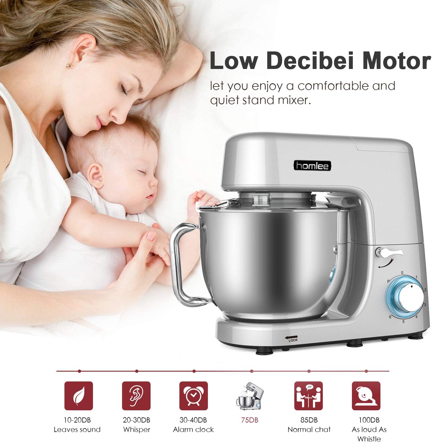 Máy nhào bột Homlee SM-1508 dung tích 7.2L công suất 1800W - Hàng chính hãng UK - Quết chả giò, trà bông, đánh kem, đánh trứng  chạy êm ái