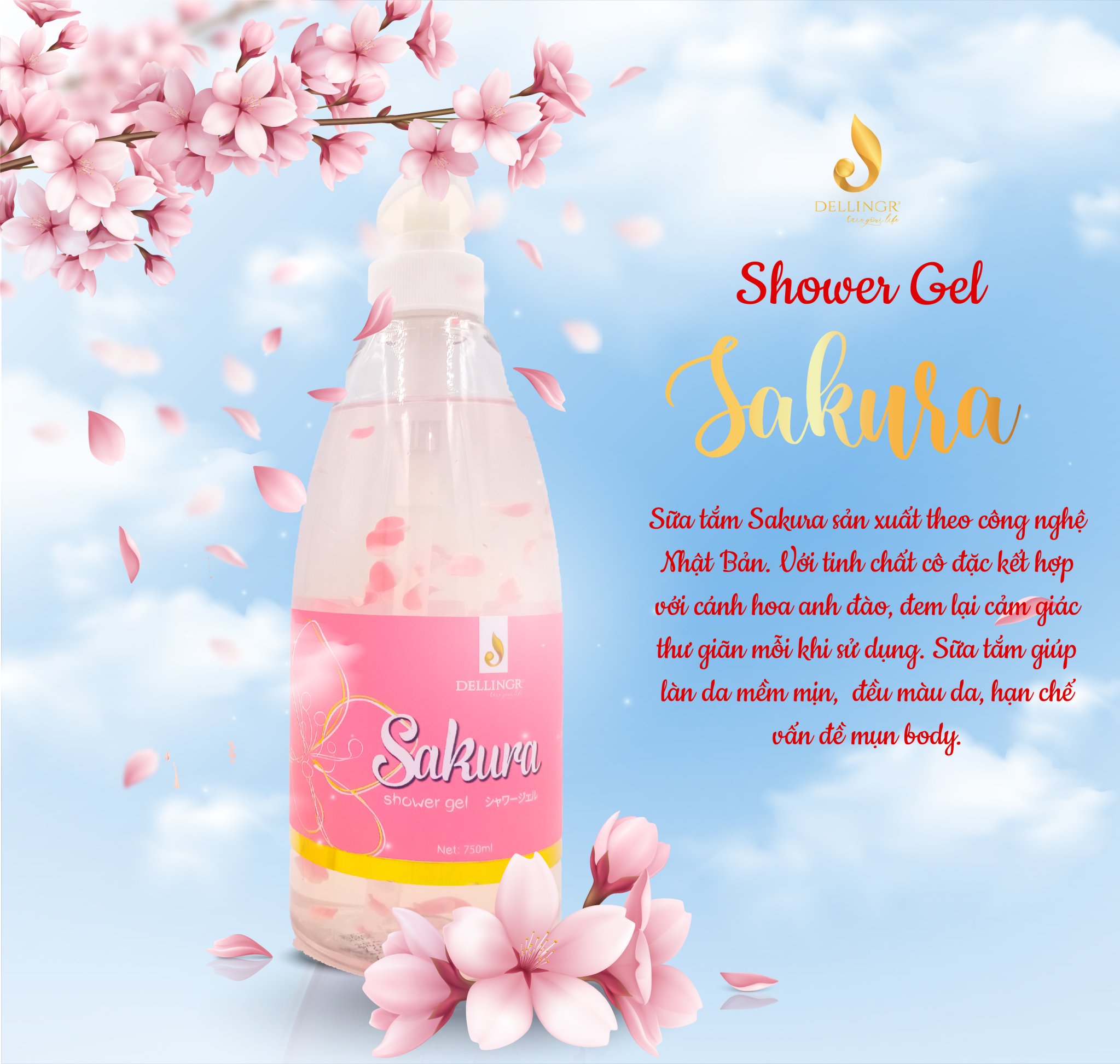 Sữa tắm hoa anh đào Sakura thơm mềm mịn quyến rũ lưu hương 750ml