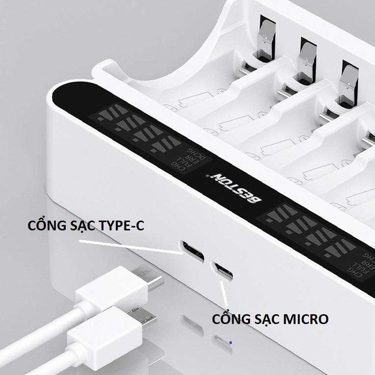 Bộ Sạc 12 cổng (khe) AA AAA Beston C9025L, mẫu mới 2022 Sạc nhanh, tự ngắt khi đầy, đèn báo thông minh