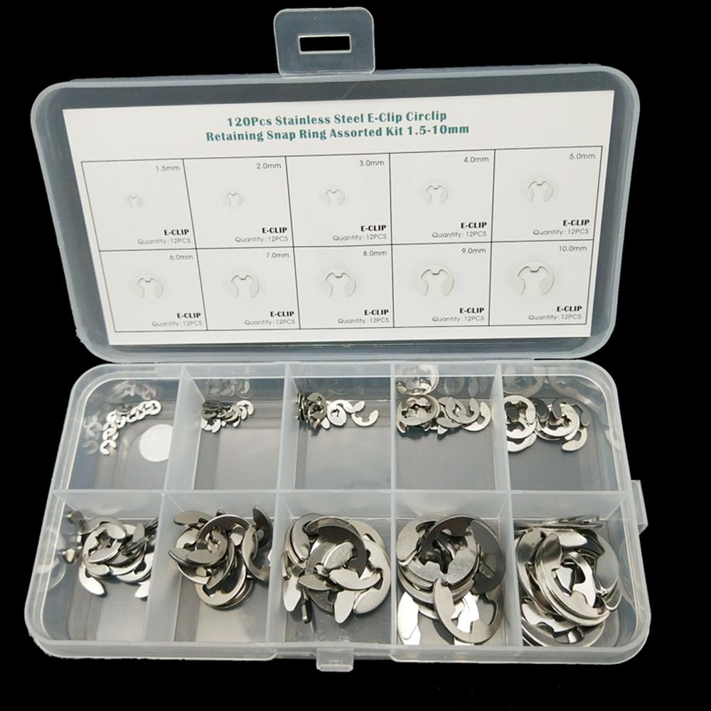 120PCS Stainless E Shape Clip Circlip Pin Retaining Snap R-ing Assorted Kit 1.5mm-10mm Portable