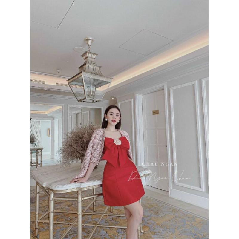 Set Váy Đầm Đỏ Hai Dây kèm Áo Khoác Croptop Caro Dự Tiệc Cưới - C&B Clothes