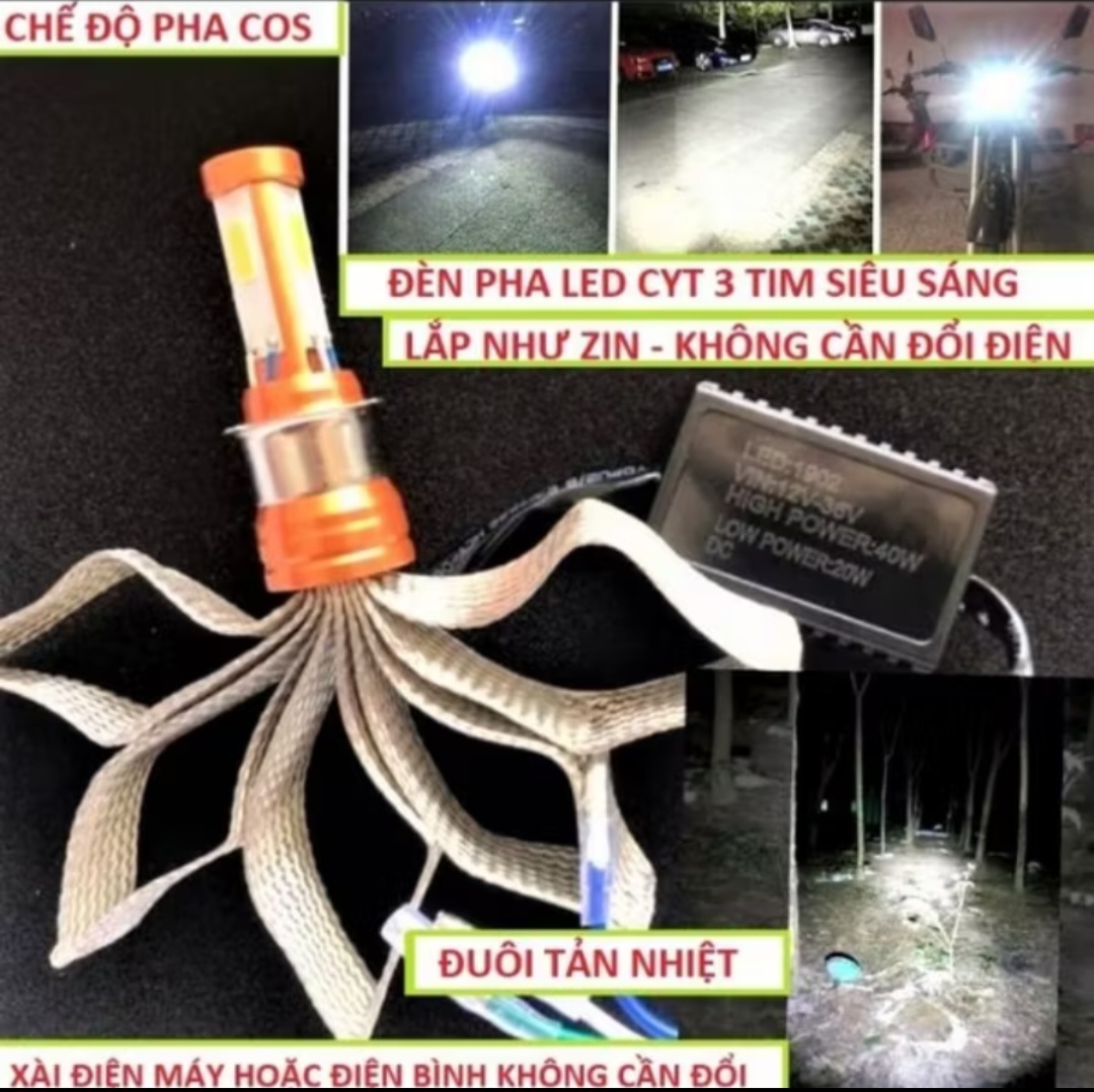 BÓNG ĐÈN PHA LED 3 TIM TẢN NHIỆT ĐUÔI CÔNG LẮP XE MÁY ÔTÔ