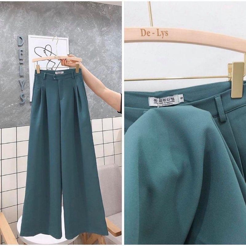 Quần Ống Rộng Màu Xanh siêu độc lạ xếp ly eo dấu cúc from dài 100cm cho nữ