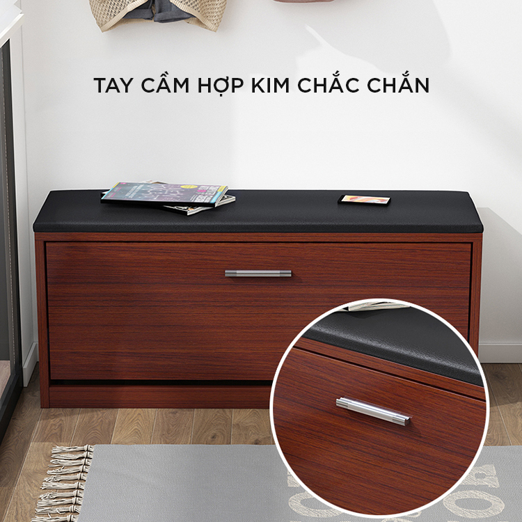 Tủ Giày Gỗ Ép Cánh Lật Kết Hợp Ghế Ngồi Có Đệm Da Gọn Gàng Dài 80cm