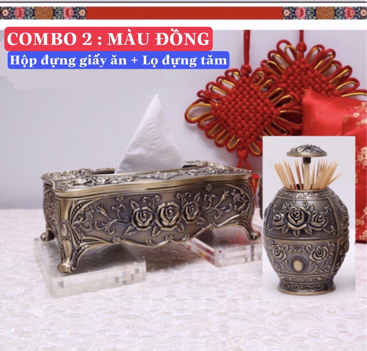 Combo (Hộp đựng giấy ăn+Gạt tàn+Lọ tăm+Hũ đựng trà )phong cách hoàng gia cổ điển cao cấp để bàn mạ màu đồng hoa in nổi