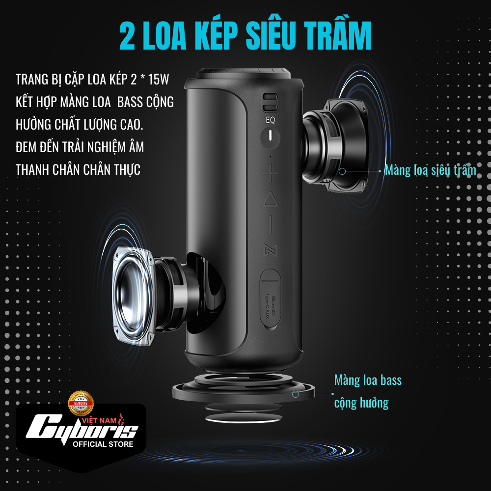 Loa Nghe Nhạc Bluetooth Cyboris S12, Loa siêu Bass, Công suất 30W, Chống nước IPX7, Pin 4000mAh. Hàng Chính Hãng