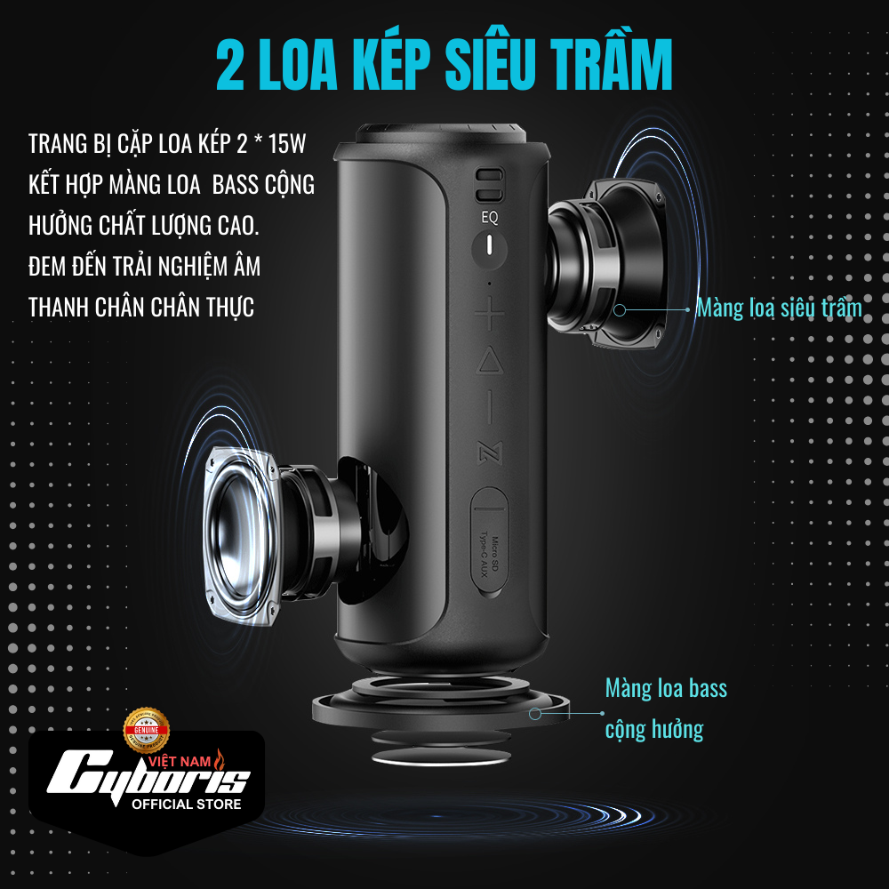 Loa Nghe Nhạc Bluetooth Cyboris S12, Loa siêu Bass, Công suất 30W, Chống nước IPX7, Pin 4000mAh. Hàng Chính Hãng.