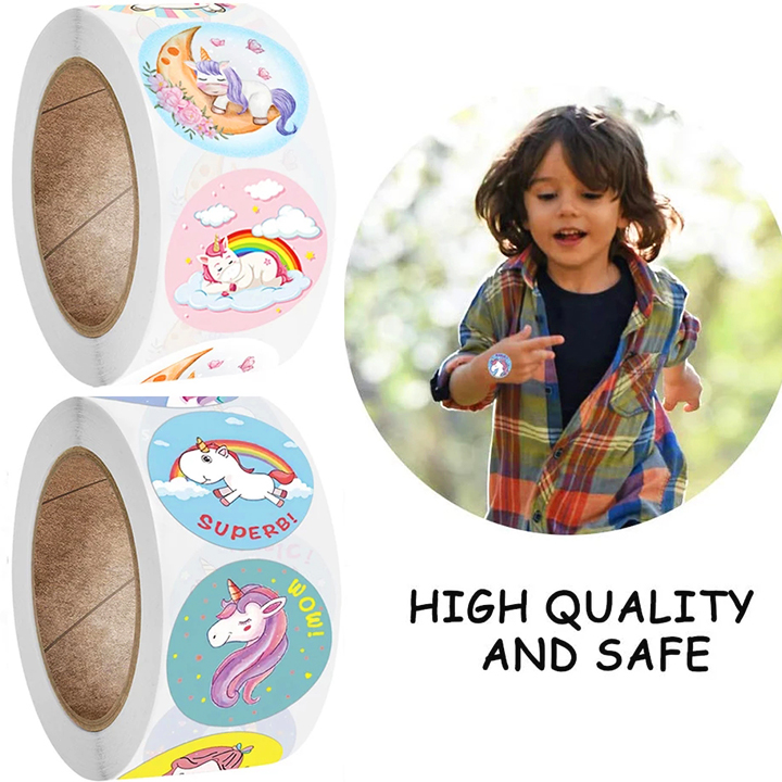 Sticker khen thưởng cho bé, cuộn 500 sticker Unicorn với nhiều họa tiết đáng yêu cho bé trang trí tập sách và góc học tập  – SST014