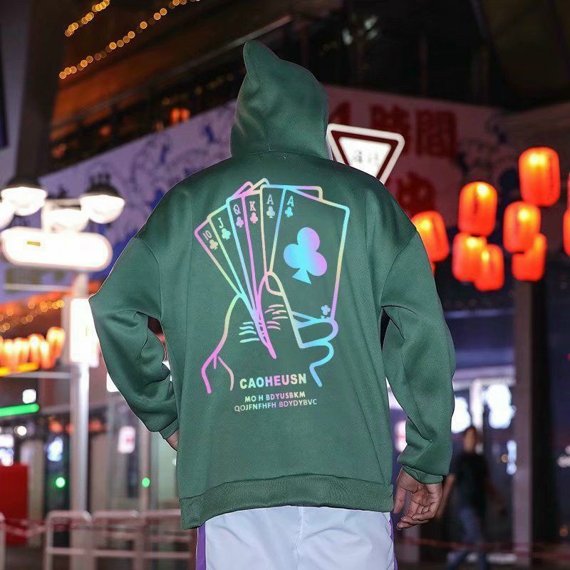 Áo Hoodie phản quang 7 màu POKER form dưới 70kg decan in xịn, áo khoác hoodie unisex ulzzang quảng châu in hình ách cơ, áo hoodie nam nữ đều mặc được chống nắng, tranh mưa mặc đi đà lạt