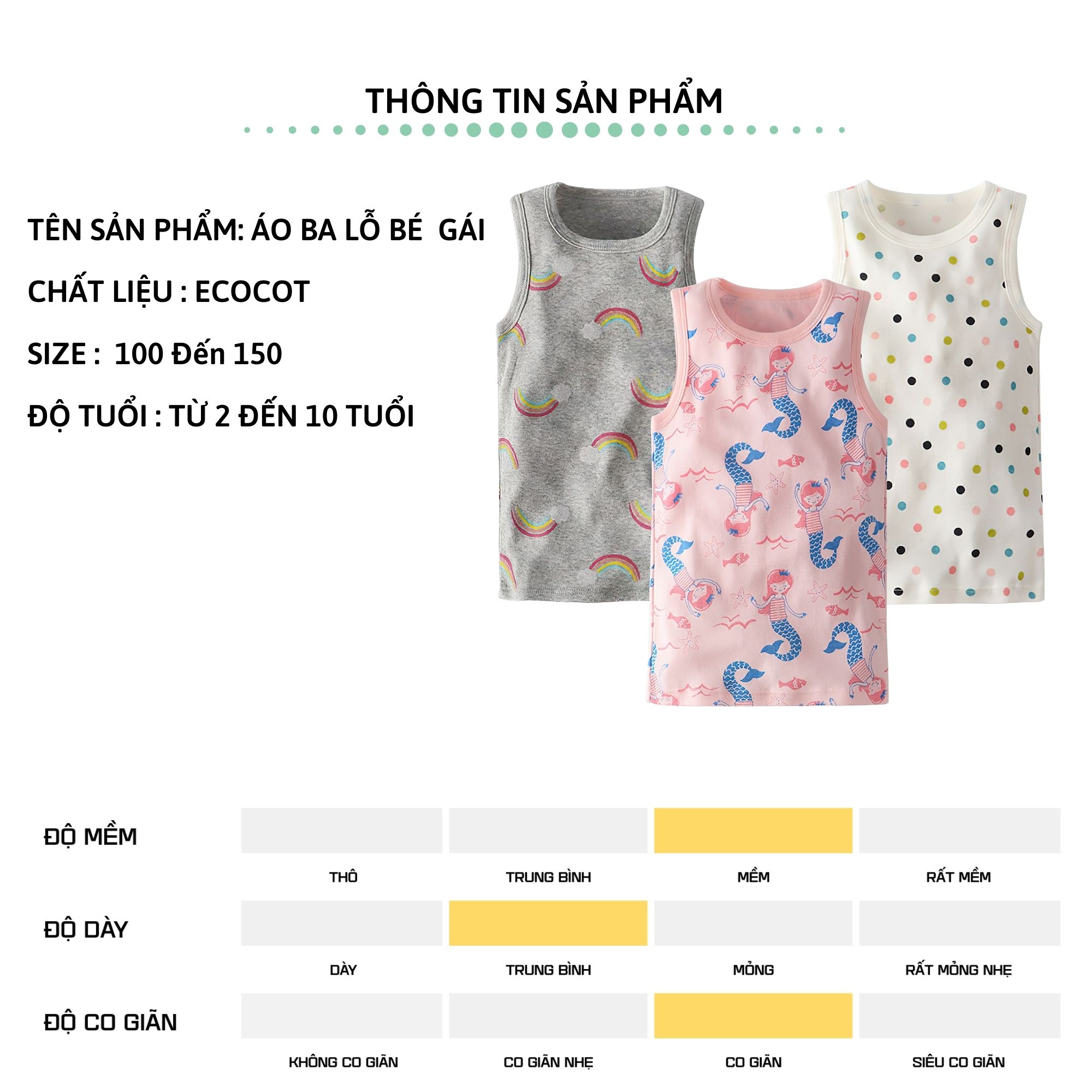 Set 3 Áo thun ba lỗ bé gái 27Kids combo 3 cái áo 3 lỗ sát nách nữ vải Ecocot cho trẻ từ 2-10 tuổi GSTT2