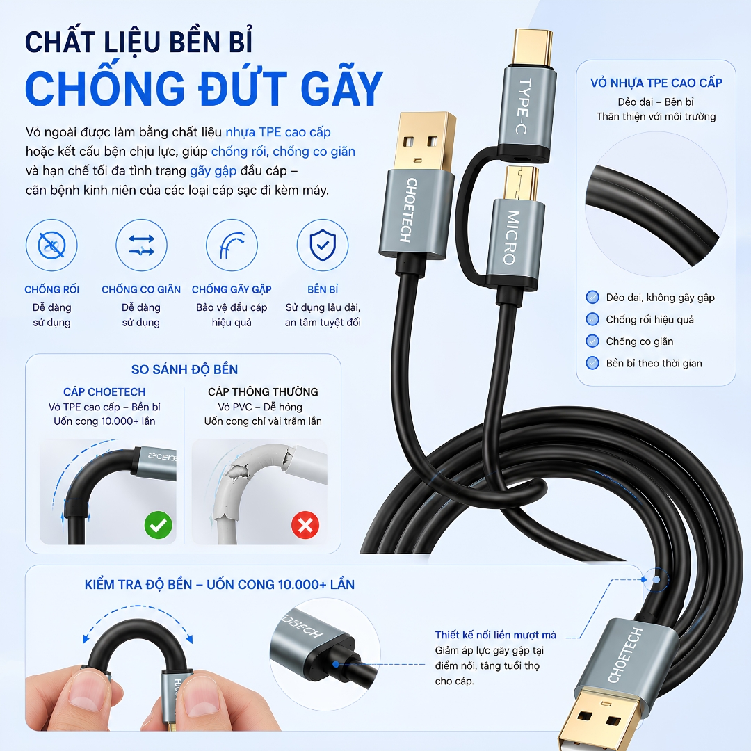 Dây sạc nhanh USB-A to Type-C + Micro USB Choetech XAC0012 Dài 120CM, Sạc Nhanh 3A, Chip Sạc Thông Minh, Truyền Dữ Liệu 480Mbps, Tương Thích Nhiều Thiết Bị - Hàng nhập khẩu