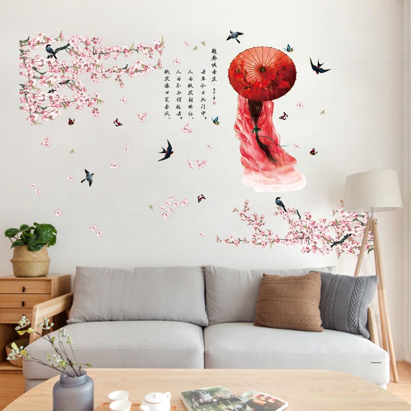 Decal dán tường hoa đào cô gái cổ trang